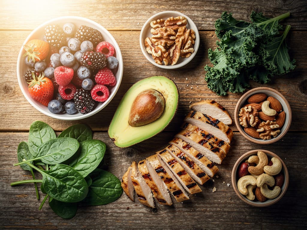 A beautiful spread of healthy whole foods for a nutrition reset